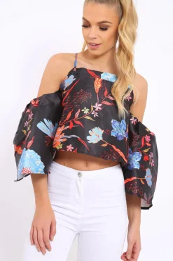 Rebellious Fashion Black Floral Print Bell Sleeve Crop Top - Shantall
