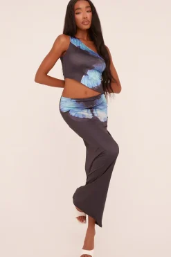 Rebellious Fashion Black Floral Print One Shoulder Top & Maxi Skirt Co-ord Set - Saylem