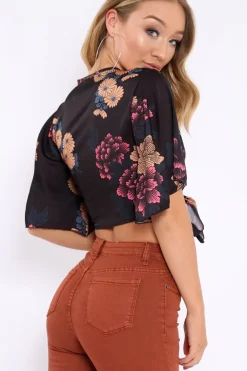 Rebellious Fashion Black Floral Print Satin Tie Crop Top - Kynslee
