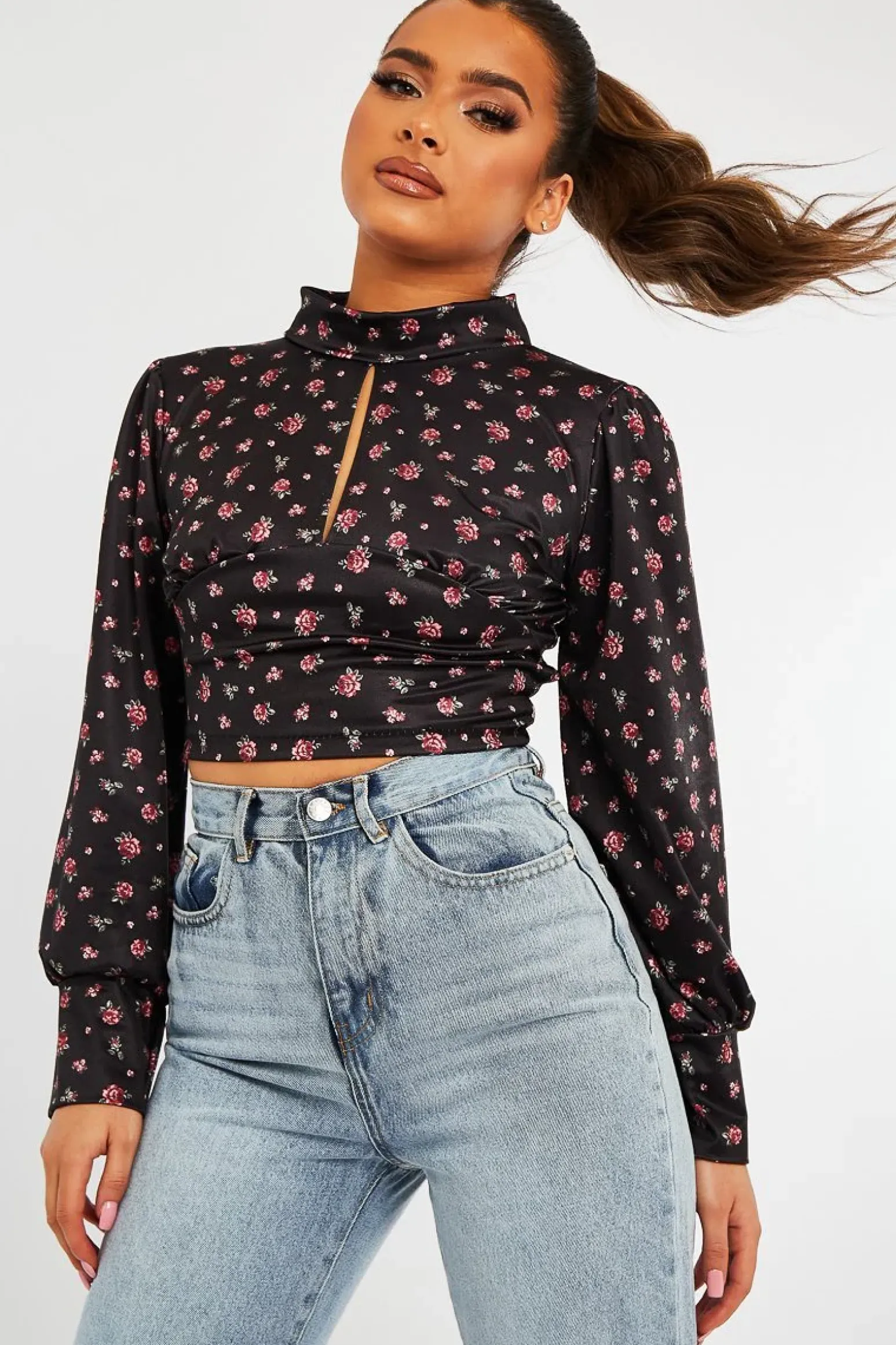Rebellious Fashion Black Floral Satin Cut Out Backless Crop Top - Cary