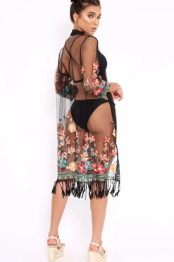 Rebellious Fashion Black Floral Sheer Tassel Trim kimono - Jaxon