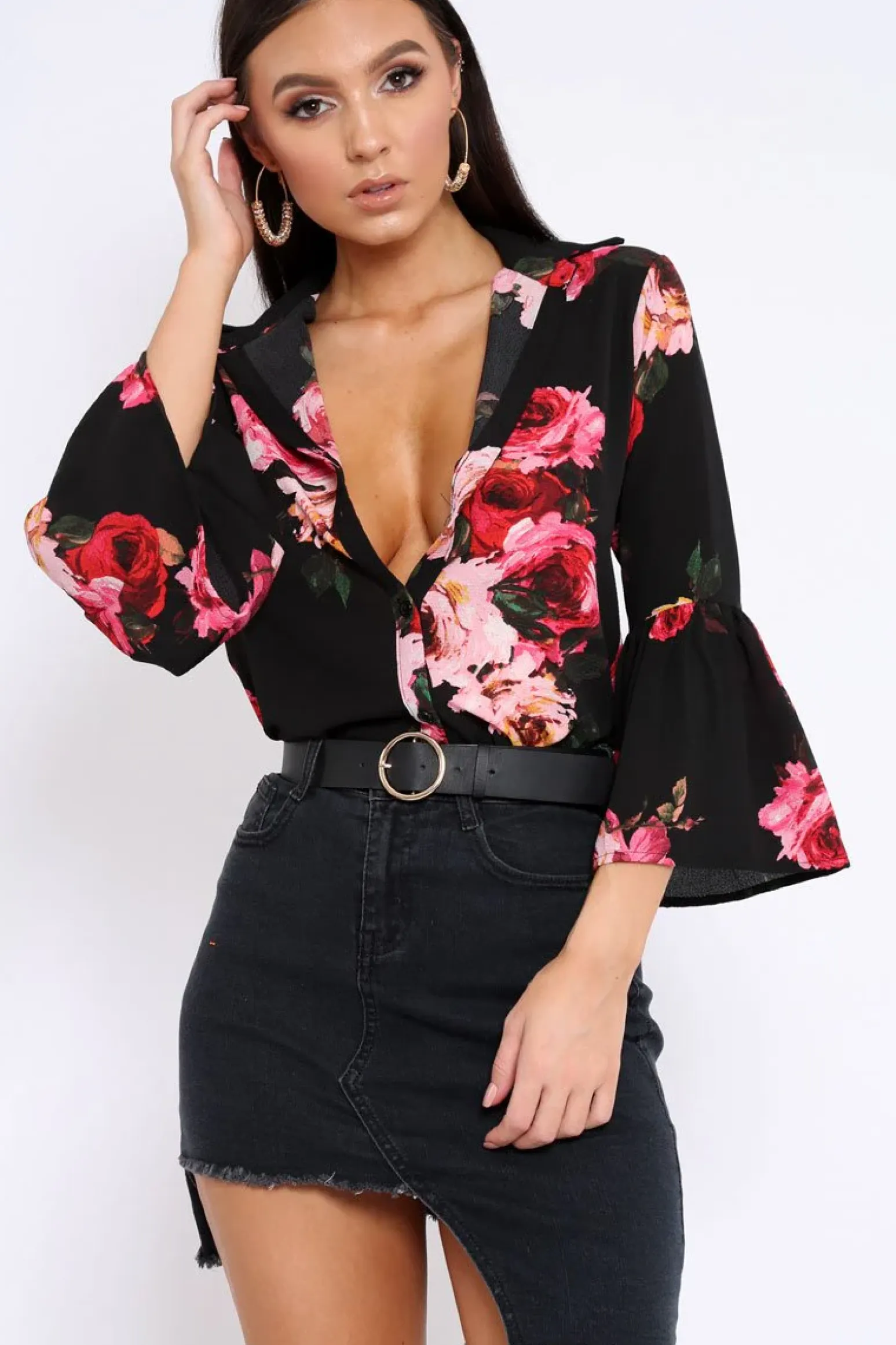 Rebellious Fashion Black Floral Shirt with Bell Sleeves - Harper