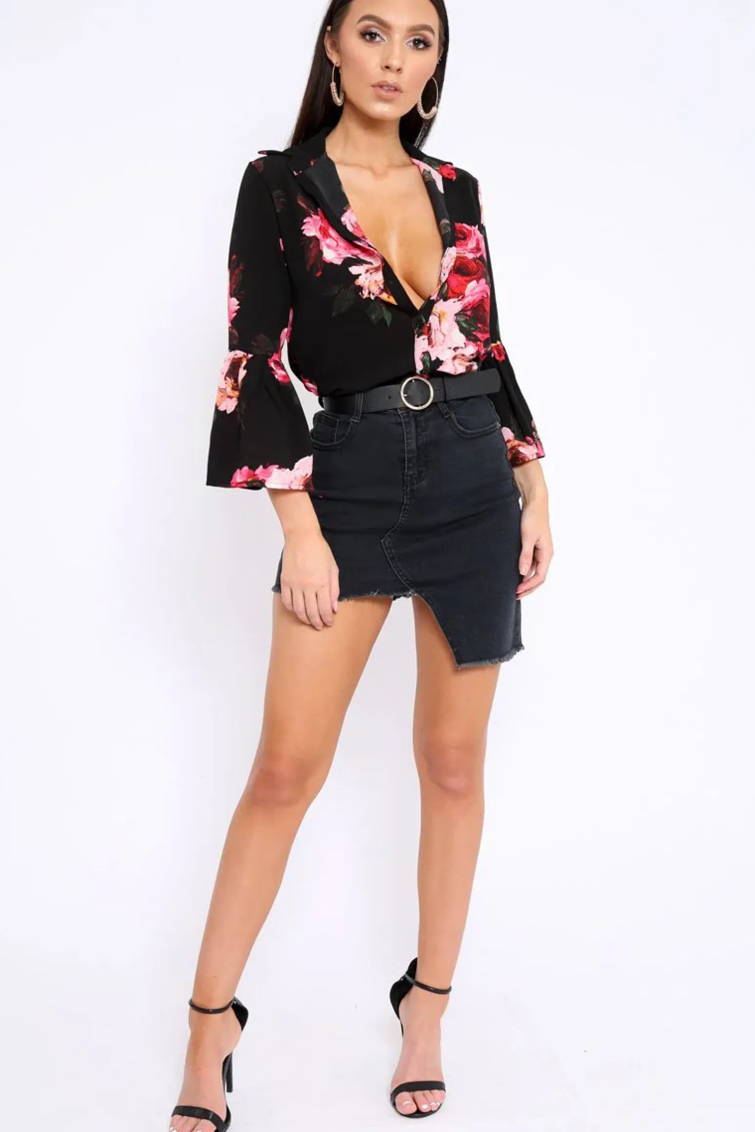 Rebellious Fashion Black Floral Shirt with Bell Sleeves - Harper