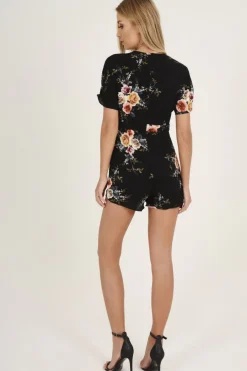 Rebellious Fashion Black Floral V Cut Playsuit - Dianne