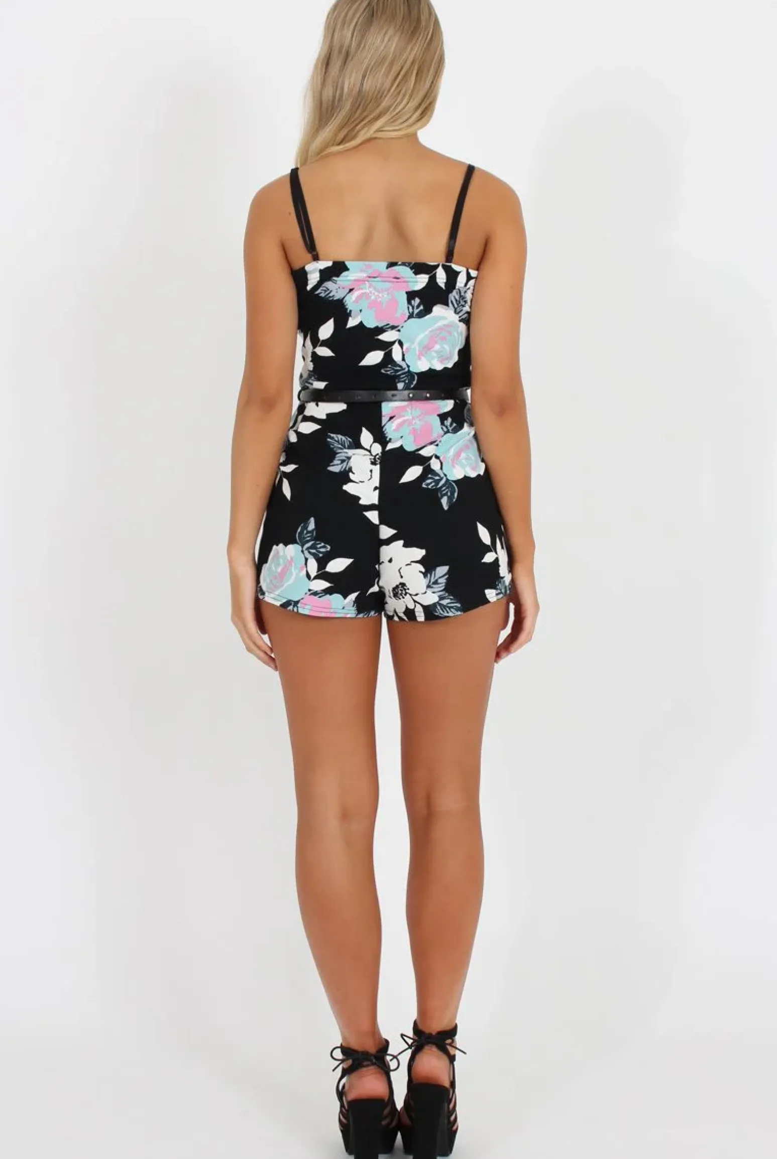 Rebellious Fashion Black Floral V Front Playsuit - Adia