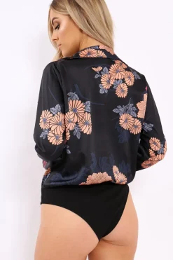 Rebellious Fashion Black Flower Print Plunge Satin Bodysuit - Madelynn