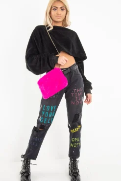 Rebellious Fashion Black Fluffy Long Sleeve Crop Jumper - Noura