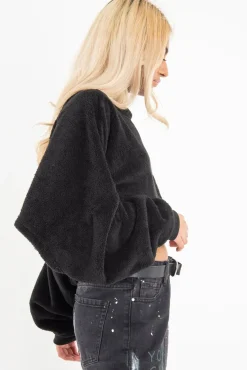 Rebellious Fashion Black Fluffy Long Sleeve Crop Jumper - Noura