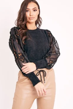 Rebellious Fashion Black Fluffy Yarn Crochet Mesh Sleeve Jumper - Brigitte