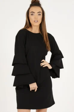 Rebellious Fashion Black Frilled Sleeve Swing Dress - Aaria