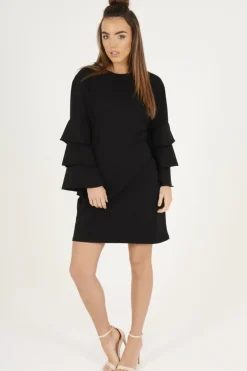 Rebellious Fashion Black Frilled Sleeve Swing Dress - Aaria