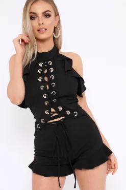 Rebellious Fashion Black Frill Eyelet Tie Playsuit - Kimi