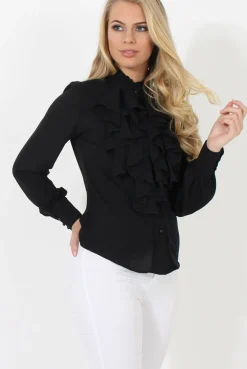 Rebellious Fashion Black Frill Front Blouse - Camille