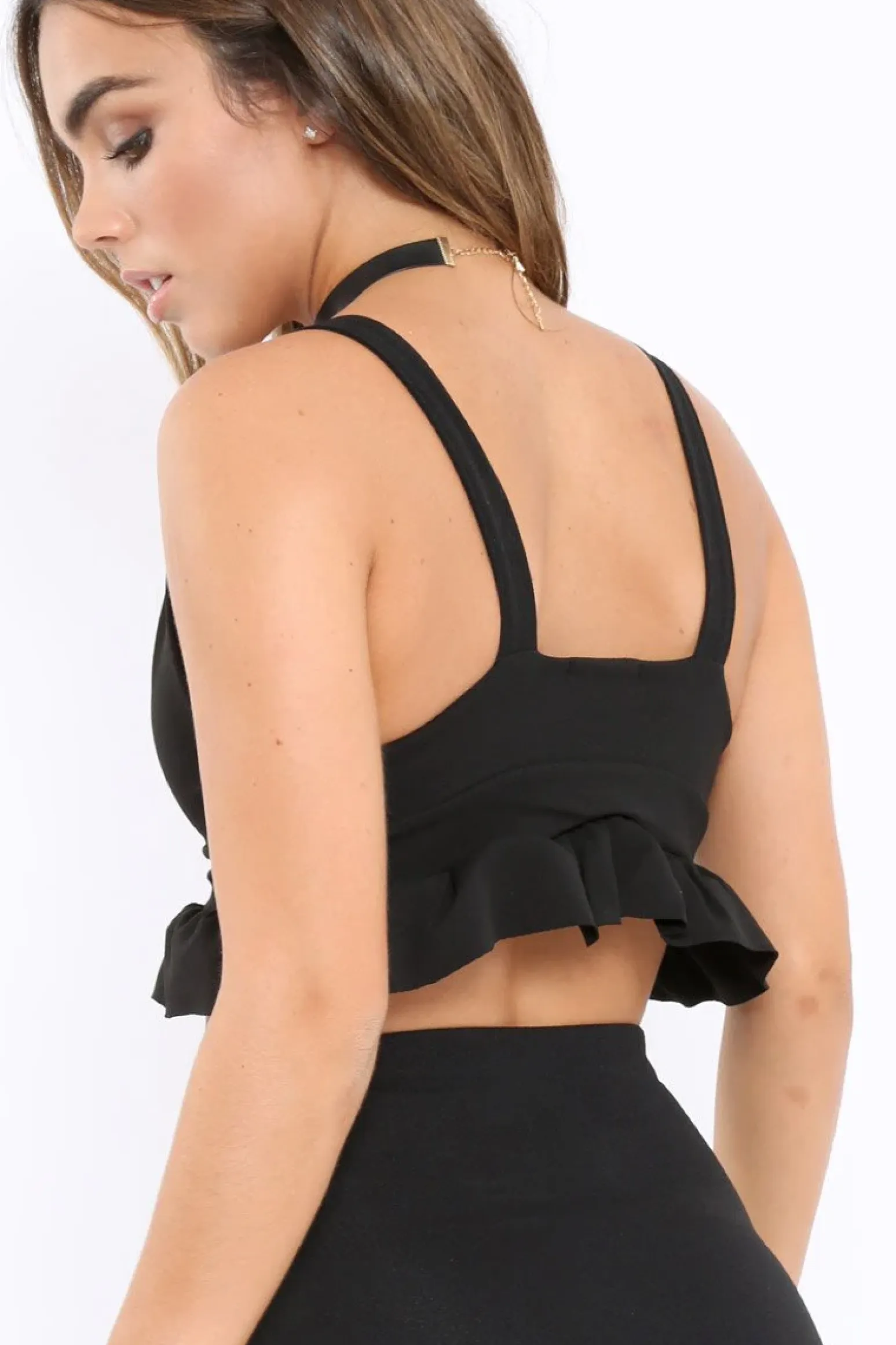 Rebellious Fashion Black Frill Hem Crop Top - Keya