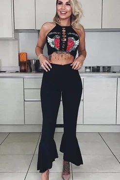 Rebellious Fashion Black Frill Hem Trousers - Payton