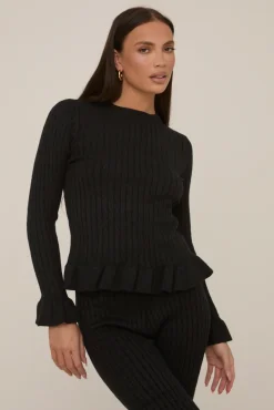 Rebellious Fashion Black Frill Knit Top and Trouser Set - Tatiana