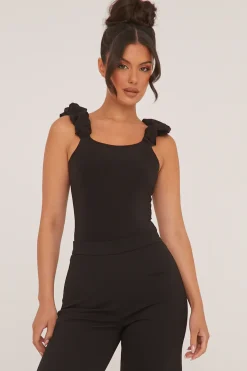 Rebellious Fashion Black Frill Straps Square Neck Bodysuit - Olivia
