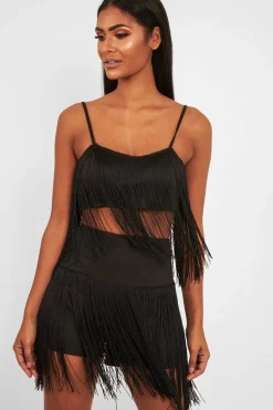 Rebellious Fashion Black Fringe Crop Top Shorts Co-Ord - Lylith