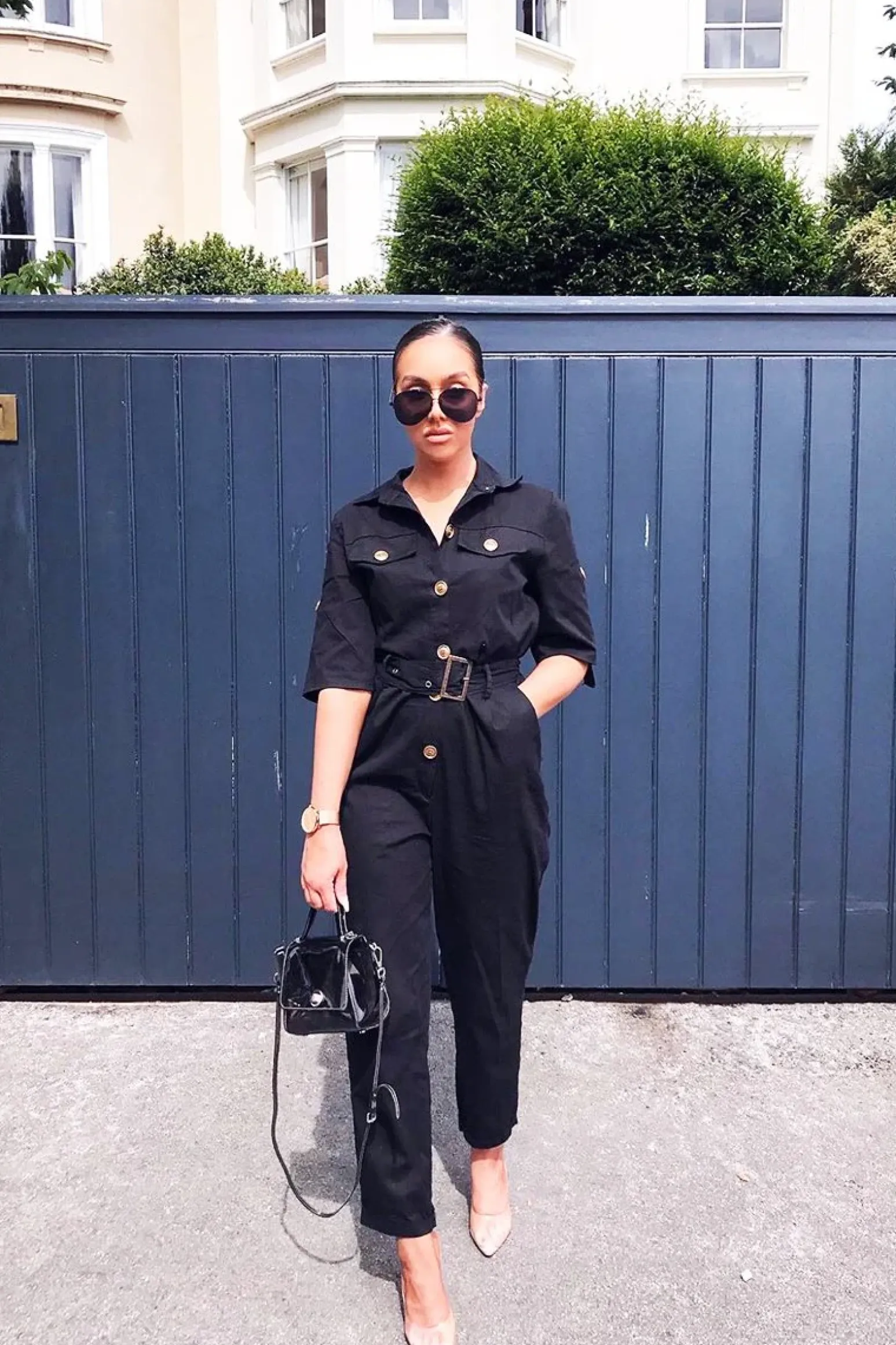 Rebellious Fashion Black Front Button Belted Boiler Jumpsuit - Nyrah