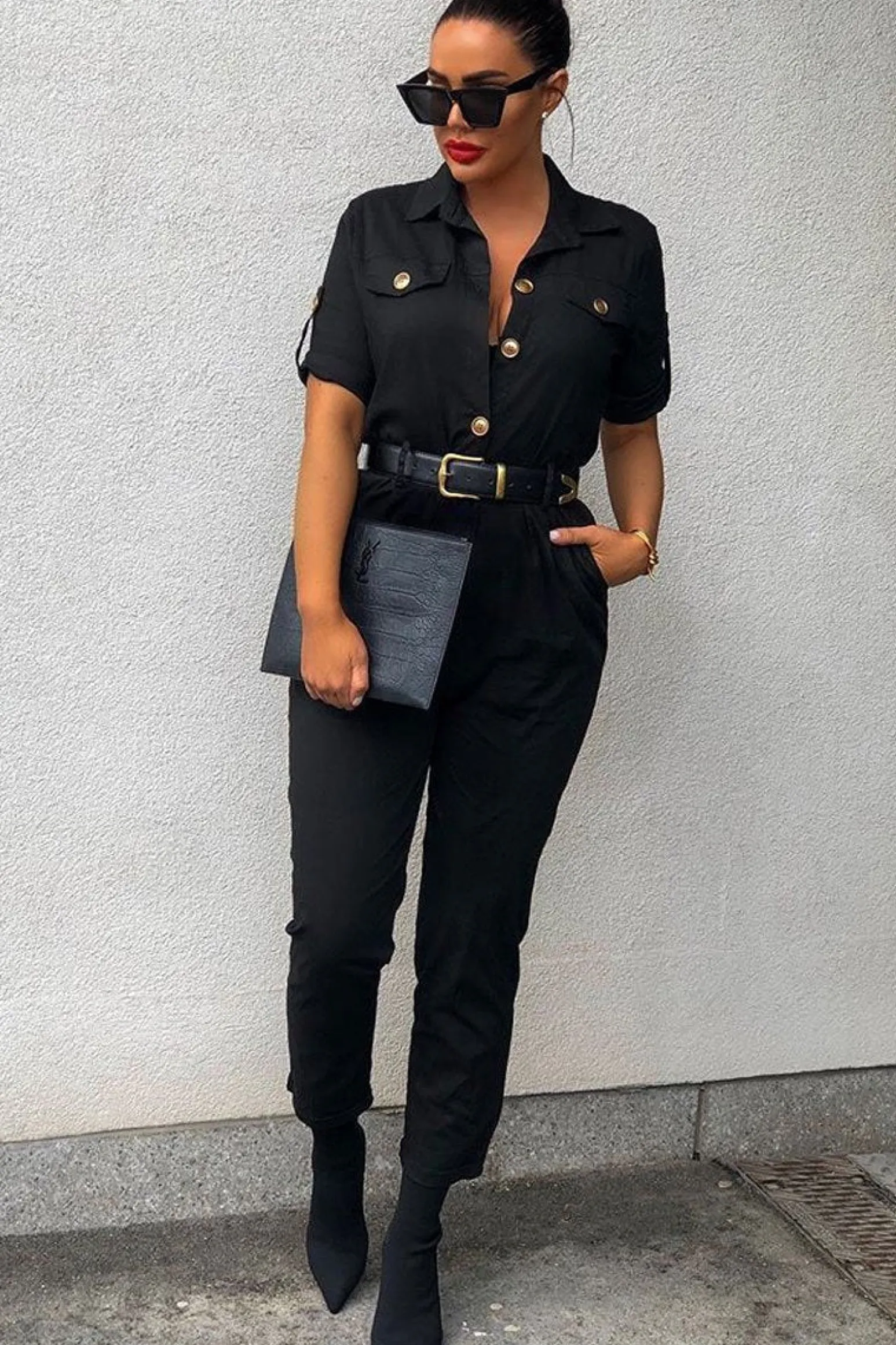 Rebellious Fashion Black Front Button Belted Boiler Jumpsuit - Nyrah