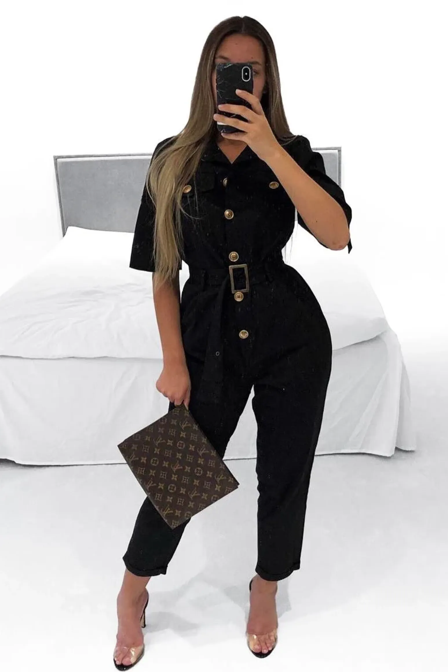 Rebellious Fashion Black Front Button Belted Boiler Jumpsuit - Nyrah