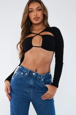 Rebellious Fashion Black Front Cut Out Rib Crop Top - Ivy