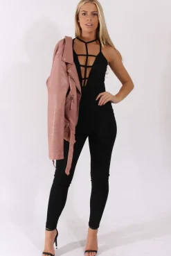 Rebellious Fashion Black Front Harness Fitted Jumpsuit - Bette