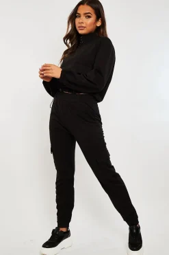 Rebellious Fashion Black Front Pocket Cargo Jumper and Joggers Loungewear Set - Naziya
