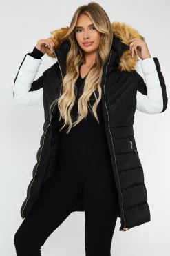 Rebellious Fashion Black Fur Hood Contrast Panel Puffer Coat - Chelsie