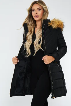 Rebellious Fashion Black Fur Hood Contrast Panel Puffer Coat - Chelsie
