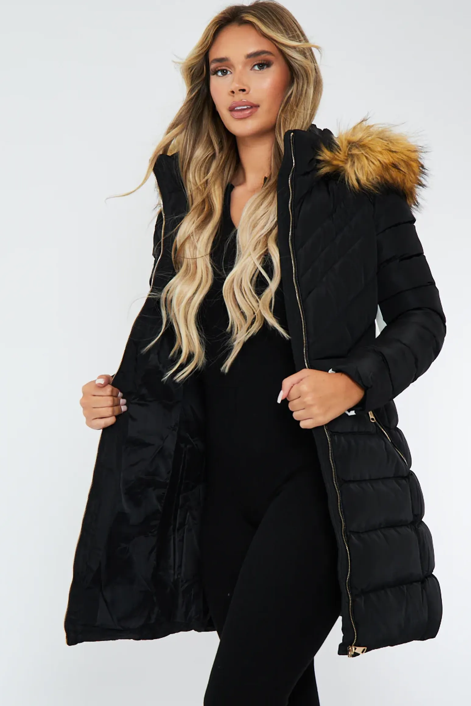 Rebellious Fashion Black Fur Hood Contrast Panel Puffer Coat - Chelsie
