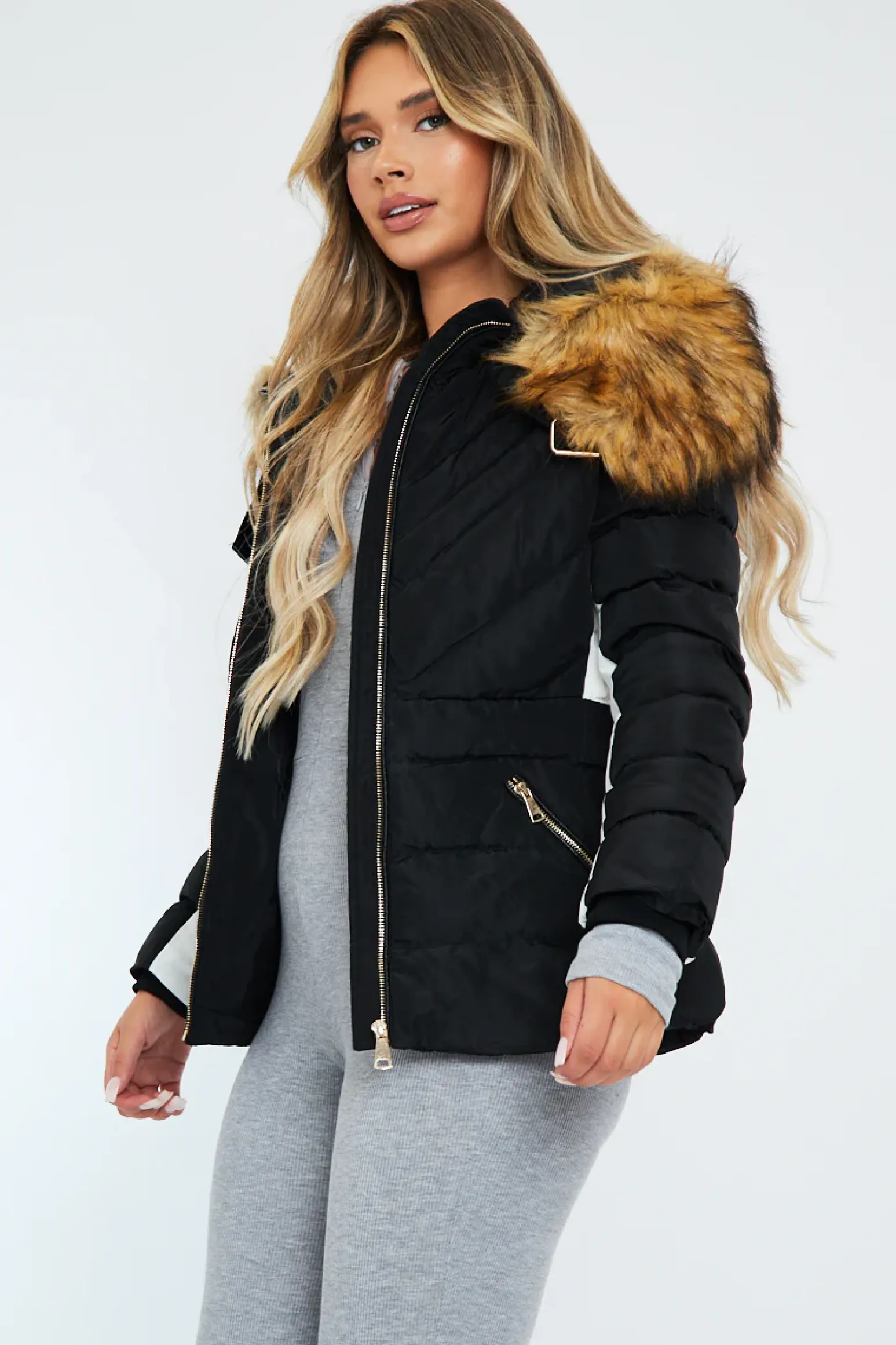 Rebellious Fashion Black Fur Hood Contrast Panel Puffer Jacket - Marloe