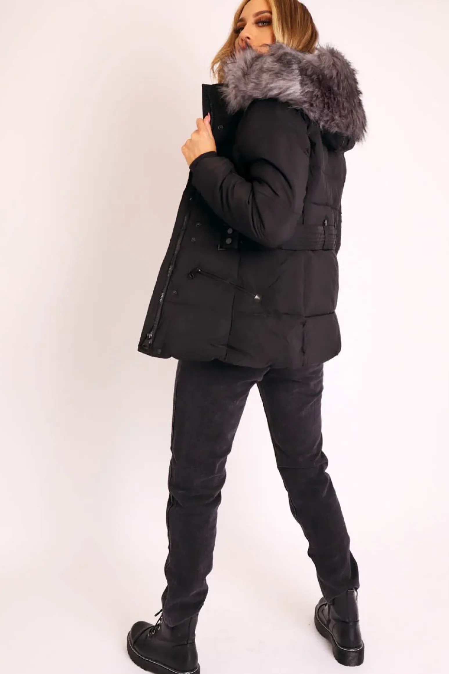 Rebellious Fashion Black Fur Trim Adjustable Waist Puffer Coat - Rossie
