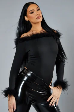 Rebellious Fashion Black Fur Trim Bardot Bodysuit - Monalisa