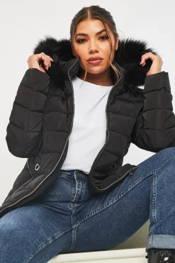 Rebellious Fashion Black Fur Trim Hood Puffer Coat - Reva