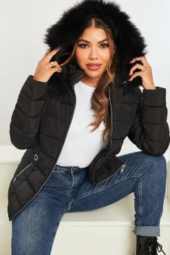 Rebellious Fashion Black Fur Trim Hood Puffer Coat - Reva