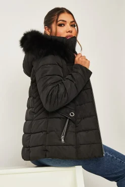 Rebellious Fashion Black Fur Trim Hood Puffer Coat - Reva