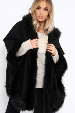 Rebellious Fashion Black Fur Trim Poncho - Autumn