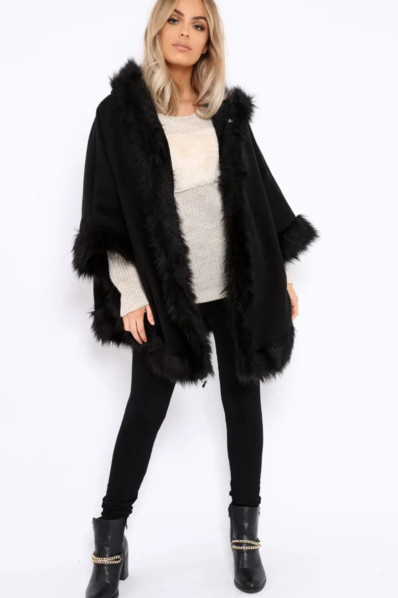 Rebellious Fashion Black Fur Trim Poncho - Autumn