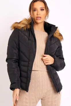 Rebellious Fashion Black Fur Trim Quilted Puffer Coat - Lania