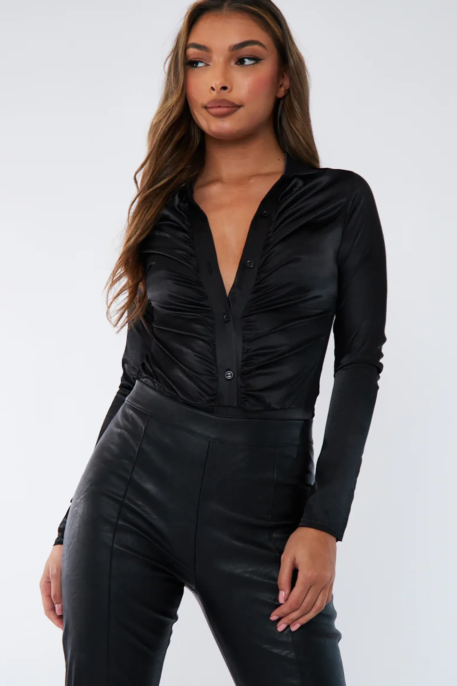 Rebellious Fashion Black Gathered Front Satin Shirt Bodysuit - Lucia