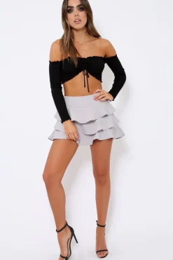 Rebellious Fashion Black Gathered Middle Bardot Crop Top - Sally
