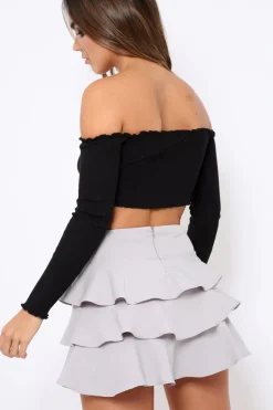 Rebellious Fashion Black Gathered Middle Bardot Crop Top - Sally
