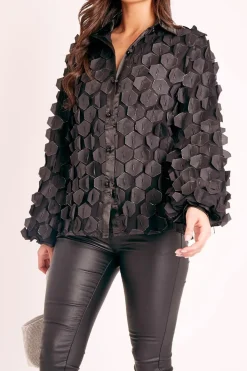 Rebellious Fashion Black Geometric Applique Button Front Shirt - Bostyn