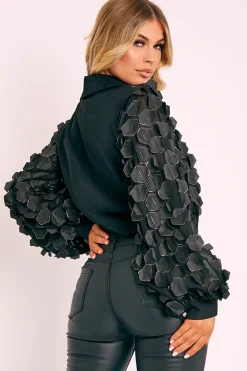 Rebellious Fashion Black Geometric Applique Button Front Cropped Shirt - Kabella