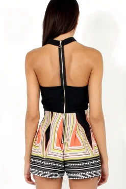 Rebellious Fashion Black Geo Print Bandeau Choker Playsuit - Kerrie