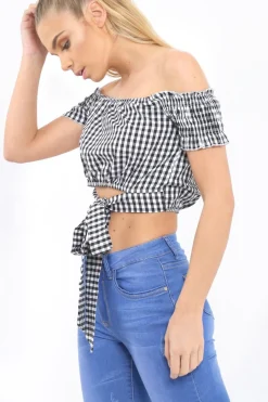 Rebellious Fashion Black Gingham Bardot Wrap Around Crop Top - Rozanne