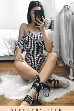 Rebellious Fashion Black Gingham Cold Shoulder Playsuit - Lorinda