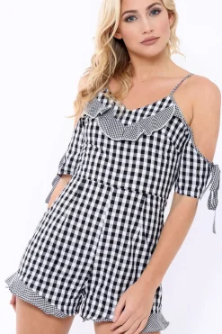 Rebellious Fashion Black Gingham Cold Shoulder Playsuit - Lorinda