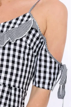Rebellious Fashion Black Gingham Cold Shoulder Playsuit - Lorinda